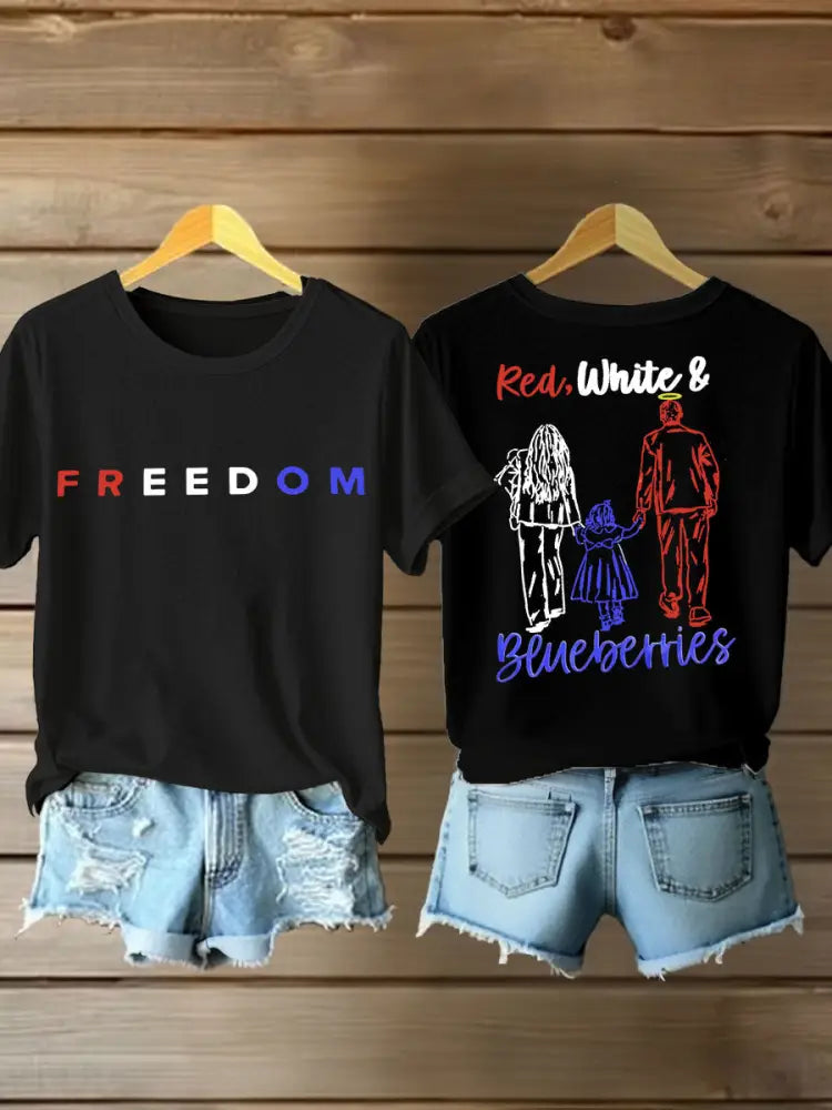 Women’s Red White And Blueberries Printed Iron On Short Sleeve T-Shirt Black / S