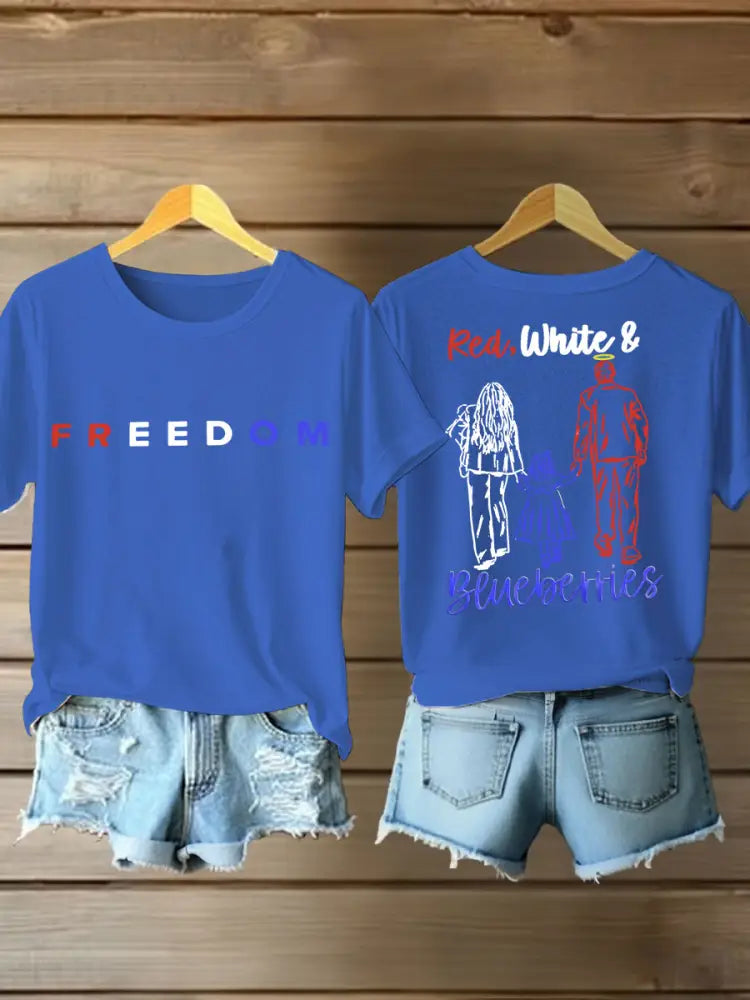Women’s Red White And Blueberries Printed Iron On Short Sleeve T-Shirt Blue / S