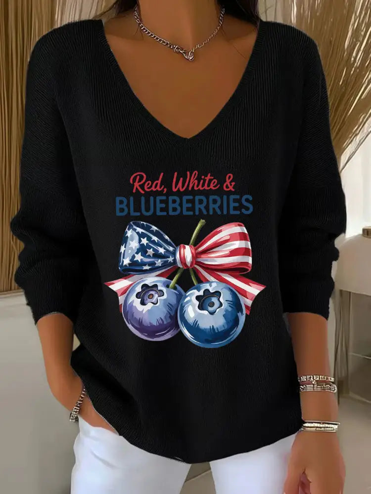 Women’s ’Red White & Blueberries’ V-neck long sleeve T-shirt Black / S