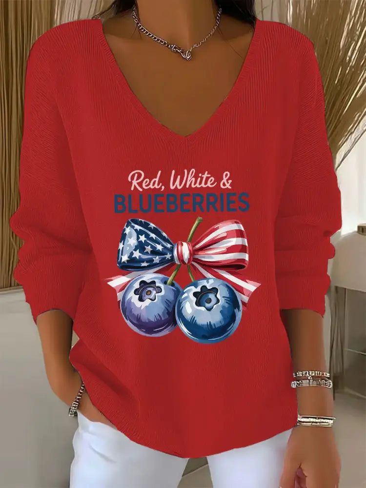 Women’s ’Red White & Blueberries’ V-neck long sleeve T-shirt Red / S