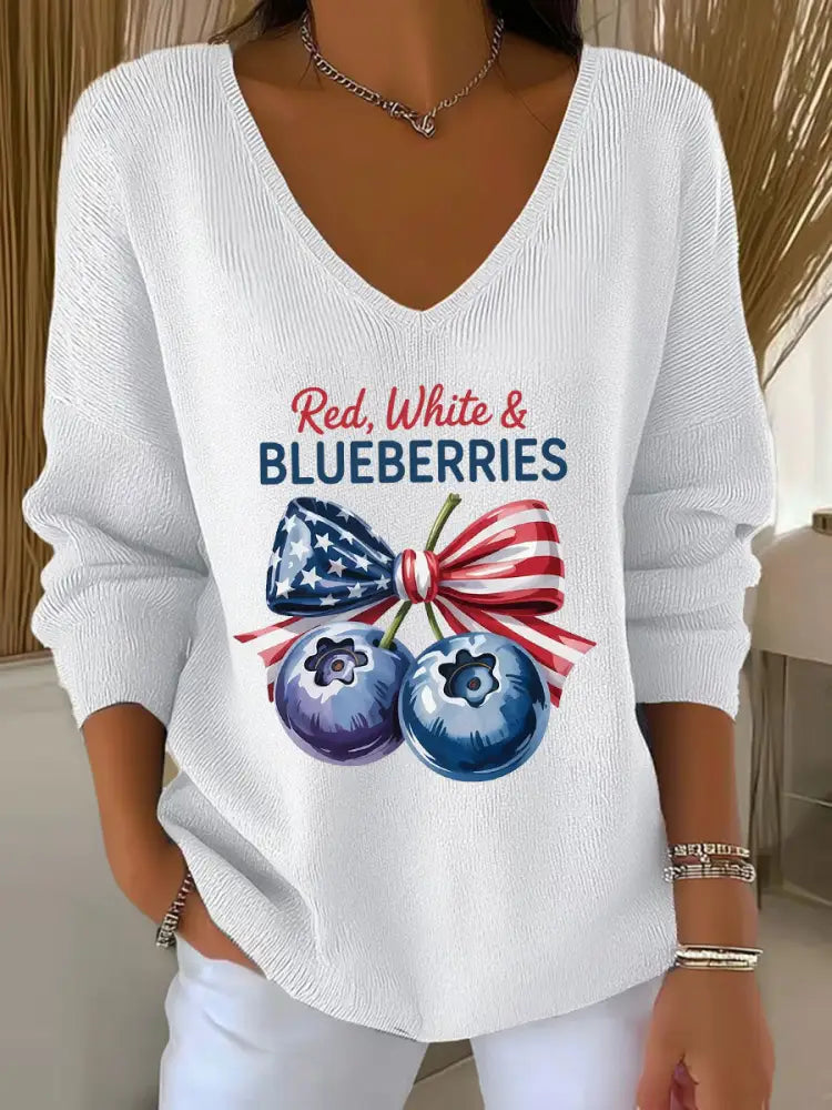 Women’s ’Red White & Blueberries’ V-neck long sleeve T-shirt White / S