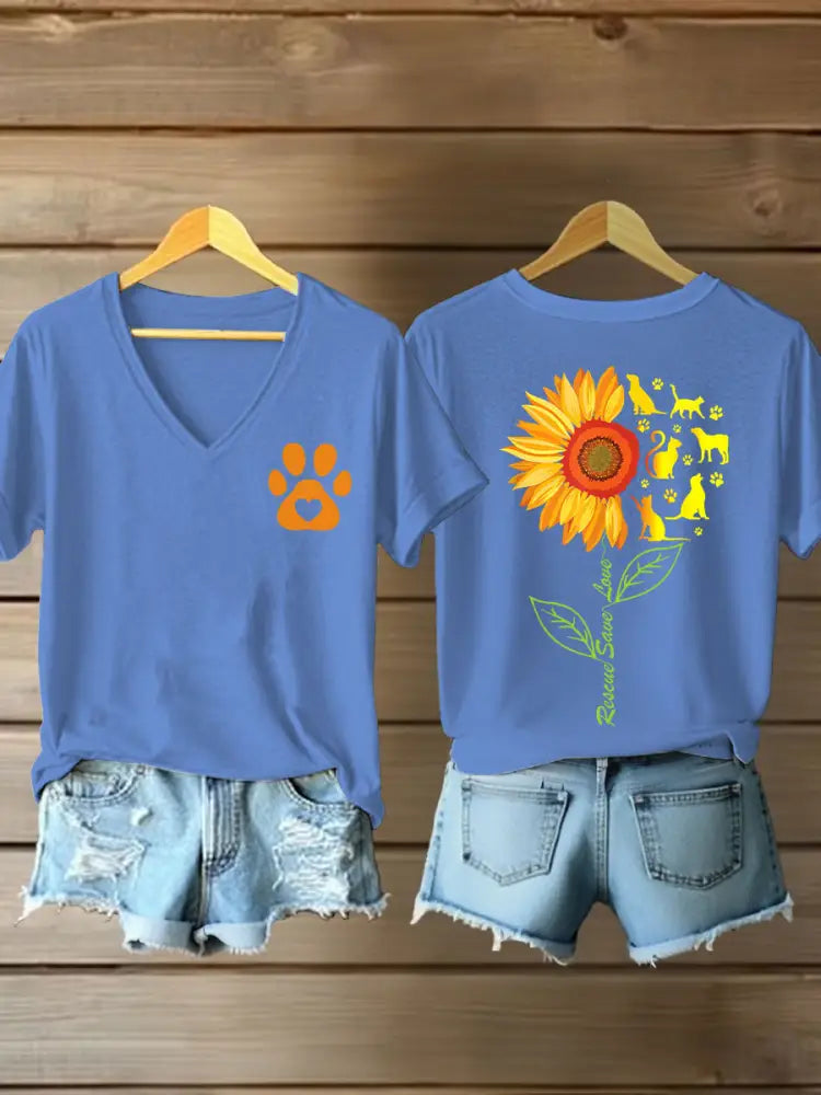 Women’s rescate save love Sunflower V-neck T-shirts Light Blue / S