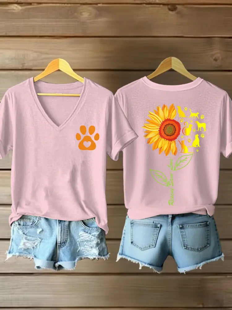 Women’s rescate save love Sunflower V-neck T-shirts Light Pink / S