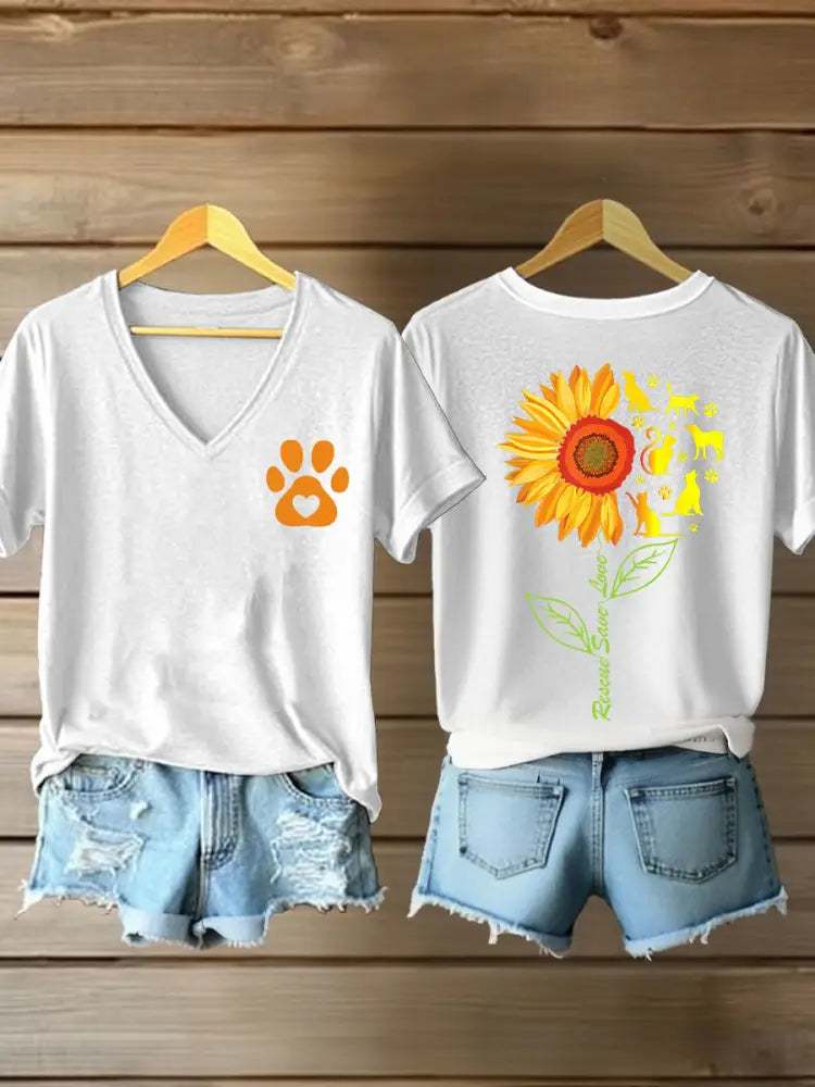 Women’s rescate save love Sunflower V-neck T-shirts White / S