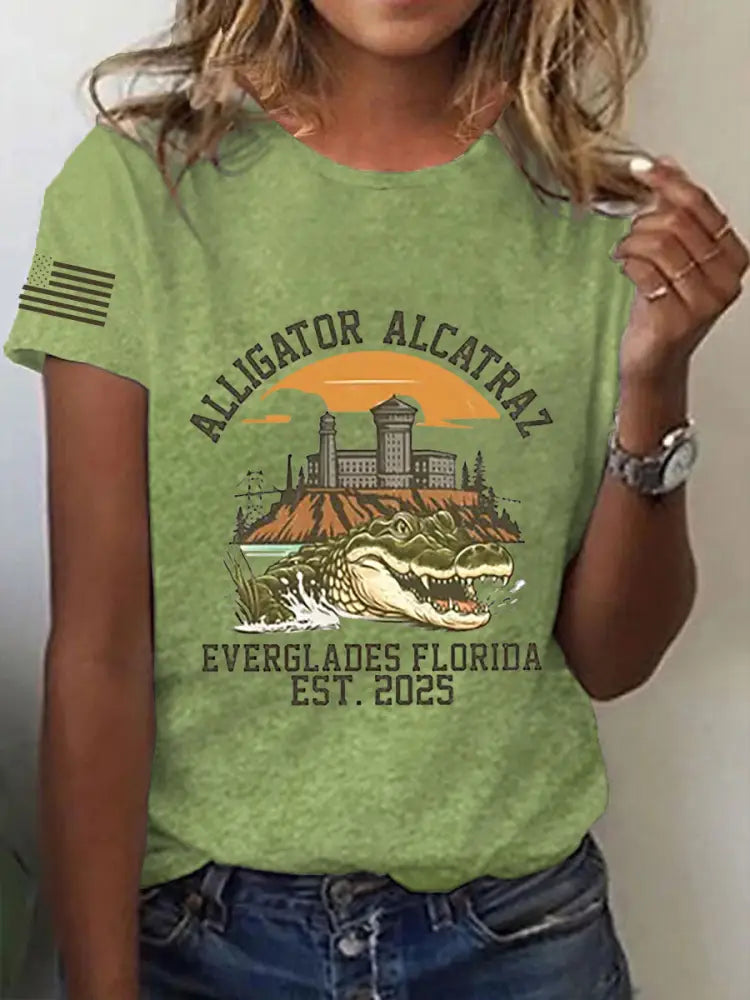 Women’s Retro Alligator Alcatraz Funny Florida Everglades Dark Humor Short Sleeve Tee Green / S