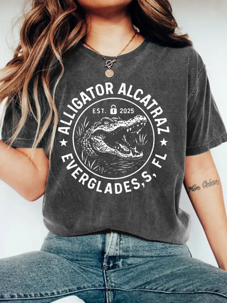 Women’s Retro Alligator Alcatraz Funny Florida Everglades Dark Humor Tee Dark Gray / S