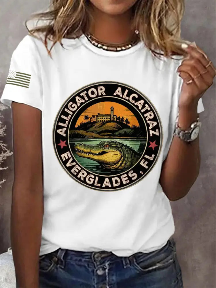 Women’s Retro Alligator Alcatraz Funny Florida Everglades Dark Humor Tee White / S