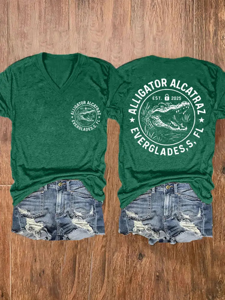 Women’s Retro Alligator Alcatraz Funny Florida Everglades Dark Humor V-Neck Tee Dark Green / S