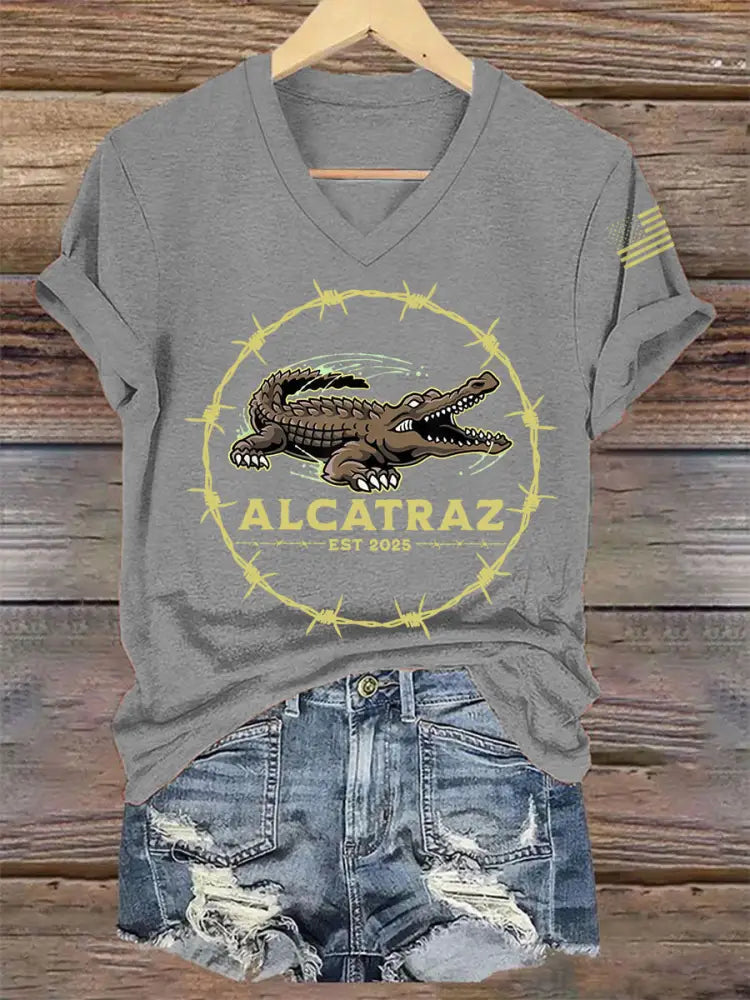 Women’s Retro Alligator Alcatraz Funny Florida Everglades Dark Humor V-Neck Tee Light Gray / S