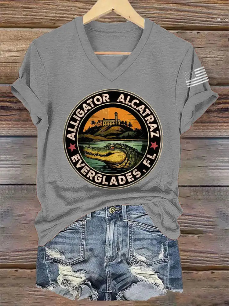 Women’s Retro Alligator Alcatraz Funny Florida Everglades Dark Humor V-Neck Tee Light Gray / S