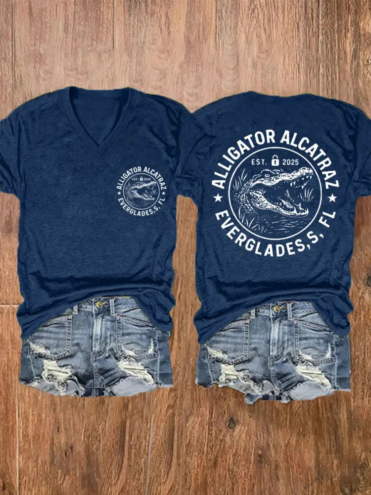 Women’s Retro Alligator Alcatraz Funny Florida Everglades Dark Humor V-Neck Tee Navy Blue / S