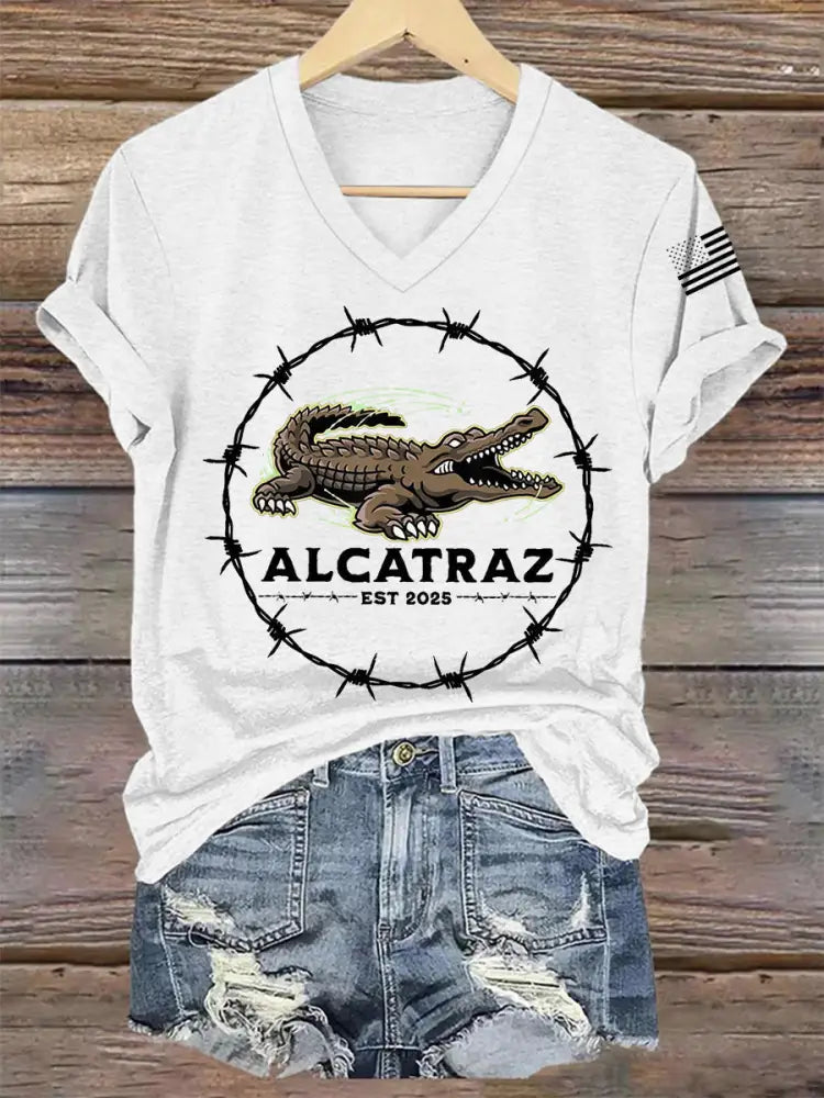 Women’s Retro Alligator Alcatraz Funny Florida Everglades Dark Humor V-Neck Tee White / S