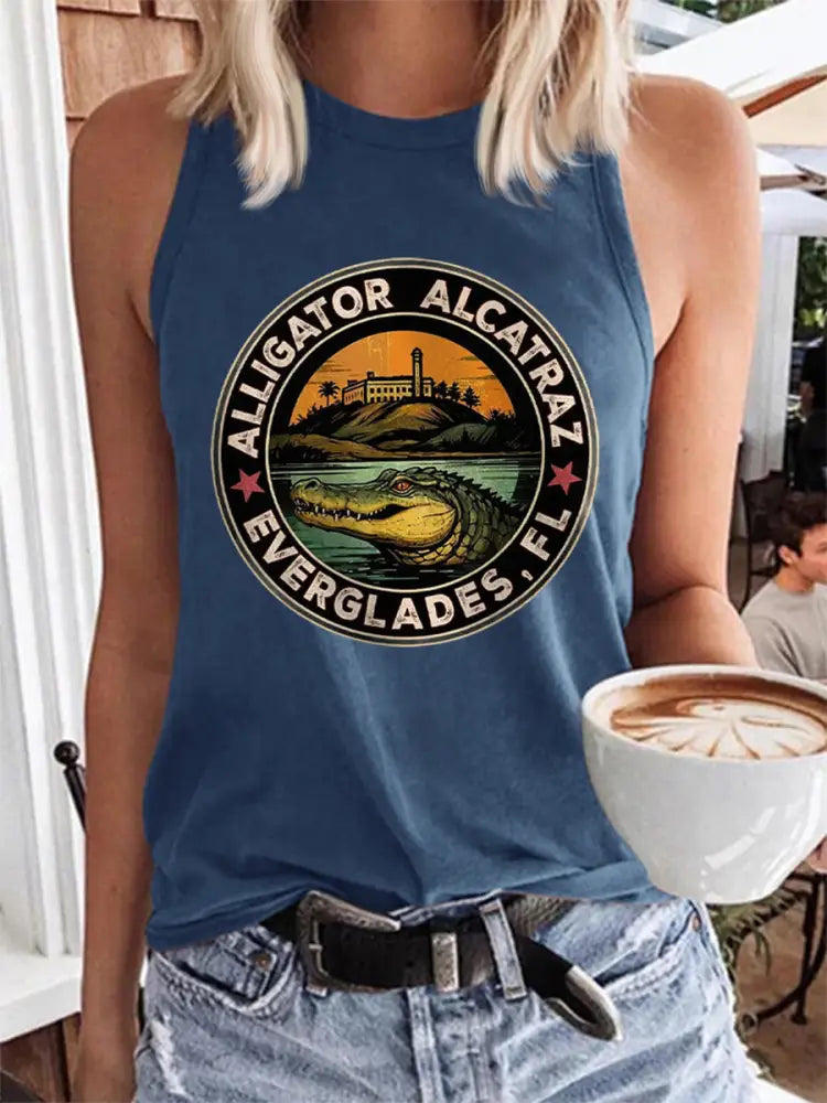 Women’s Retro Alligator Alcatraz Funny Florida Everglades Dark Humor Vest Blue / S