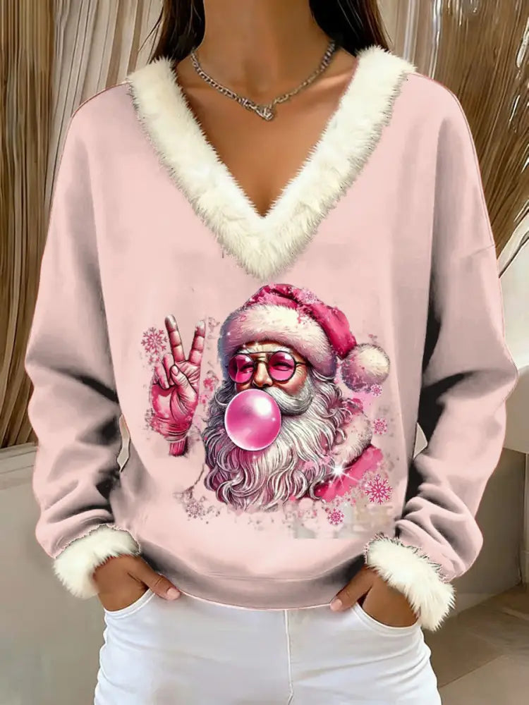Women’s Retro Christmas Santa Claus Blowing Bubbles Loose Long Sleeved Fur-Trimmed Sweater Pink / S