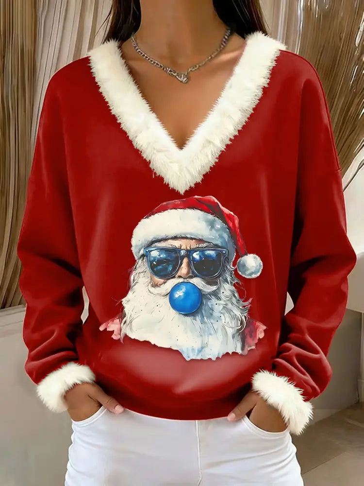 Women’s Retro Christmas Santa Claus Blowing Bubbles Loose Long Sleeved Fur-Trimmed Sweater Red / S