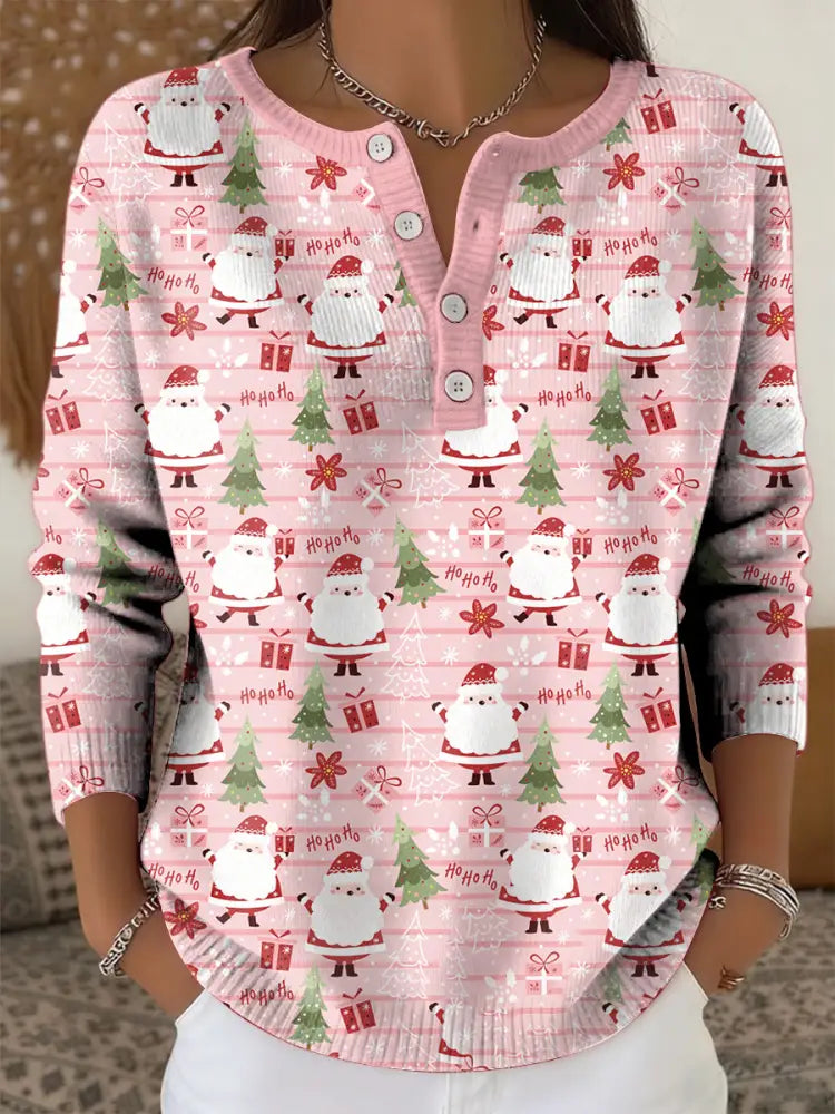 Women’s Retro Christmas Santa Claus Christmas Tree Art Print Long-sleeve Sweater Pink / S