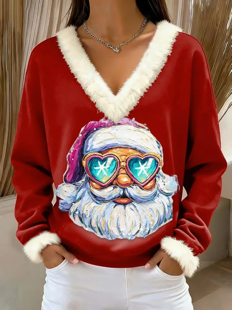 Women’s Retro Christmas Santa Sunglasses Loose Long Sleeved Fur-Trimmed Sweater Red / S