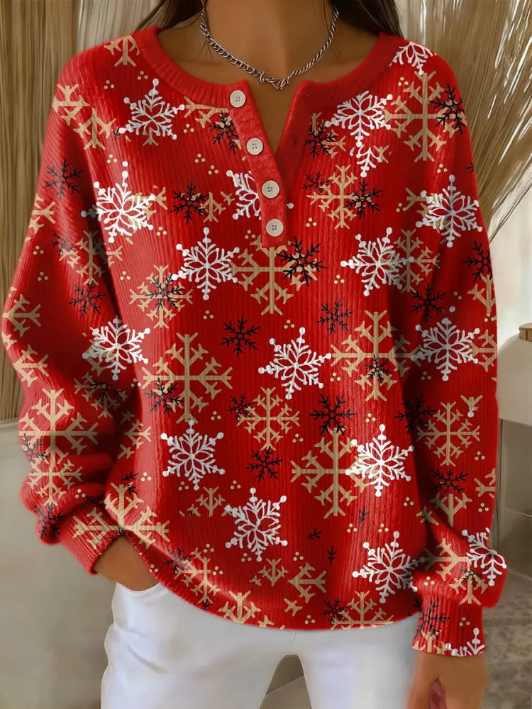 Women’s Retro Christmas Snowflake Art Print Long-sleeve Sweater Red / S