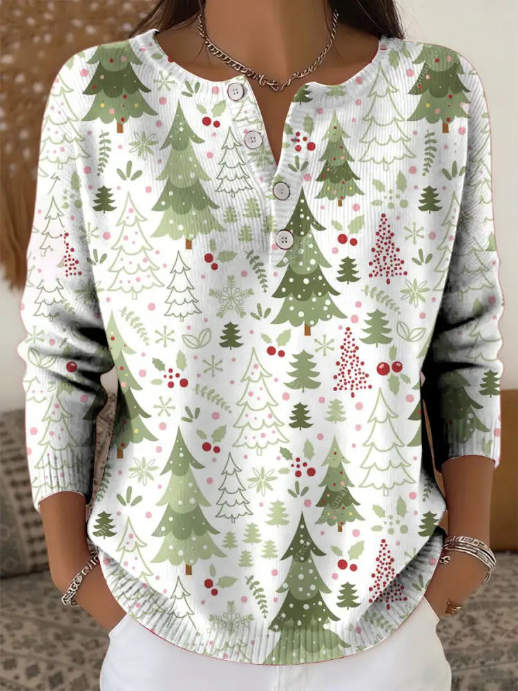 Women’s Retro Christmas Tree Art Print Long-sleeve Sweater White / S