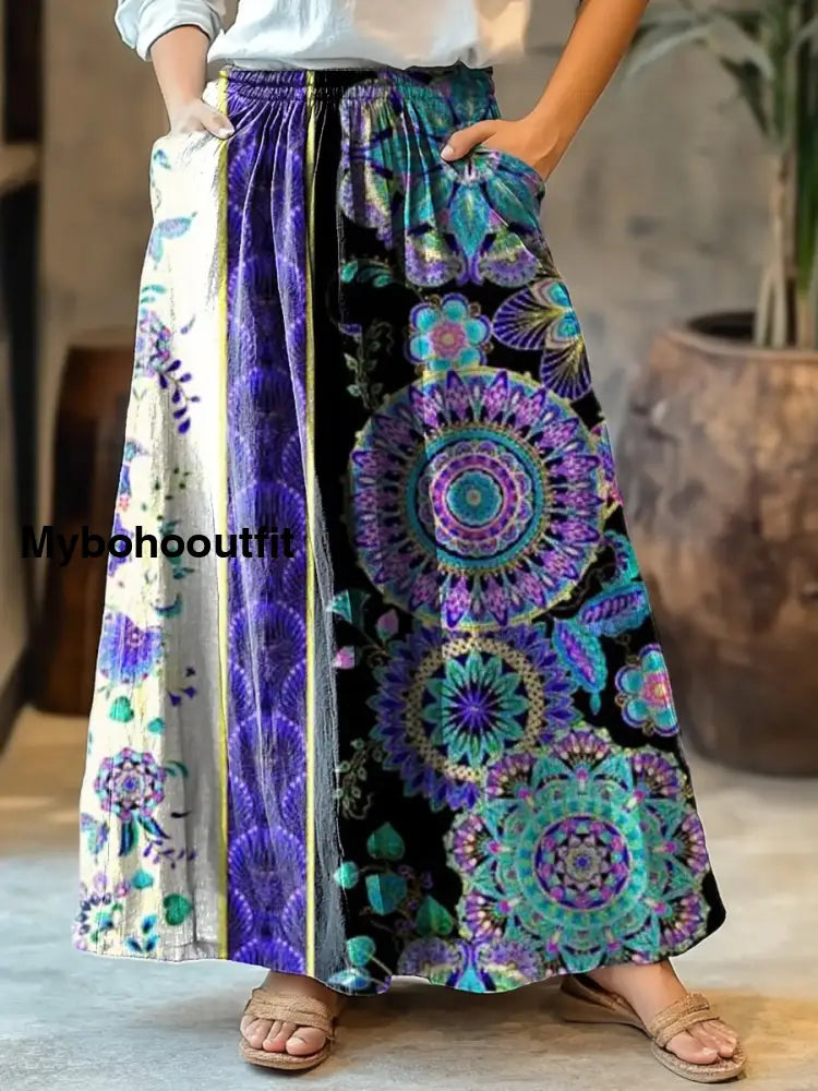 Women’s Retro Floral Totem Art Print Cotton Skirt Multicolor / S