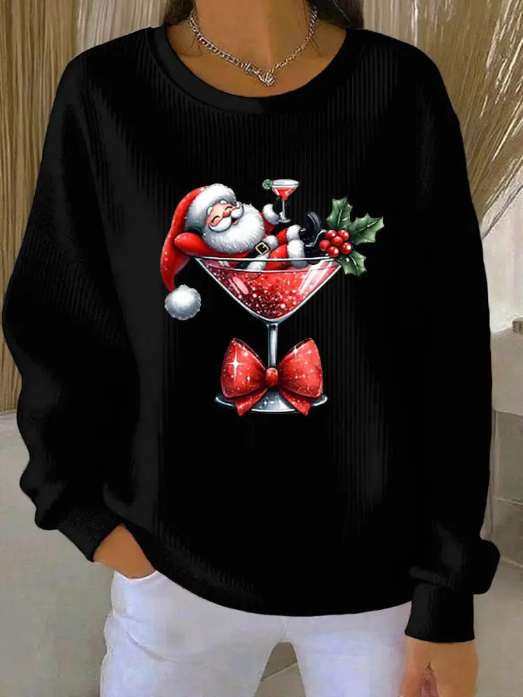 Women’s Santa Claus Printed Ribbed Round-Neck Sweatshirt Black / S