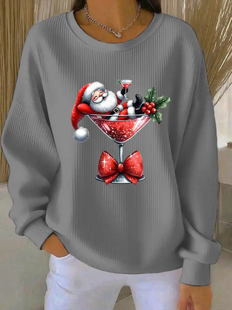 Women’s Santa Claus Printed Ribbed Round-Neck Sweatshirt Gray / S