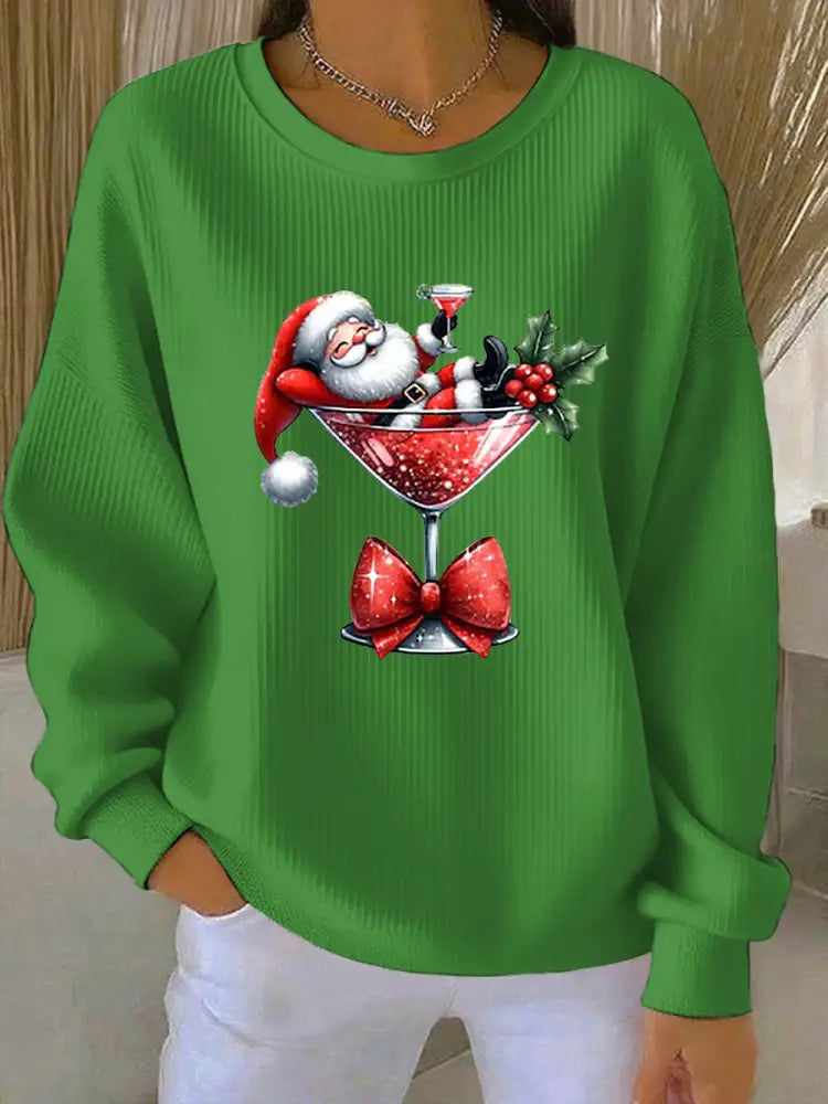 Women’s Santa Claus Printed Ribbed Round-Neck Sweatshirt Green / S