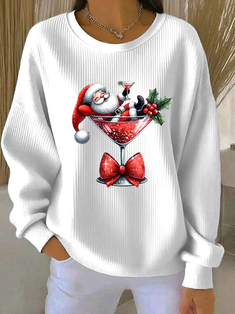 Women’s Santa Claus Printed Ribbed Round-Neck Sweatshirt White / S