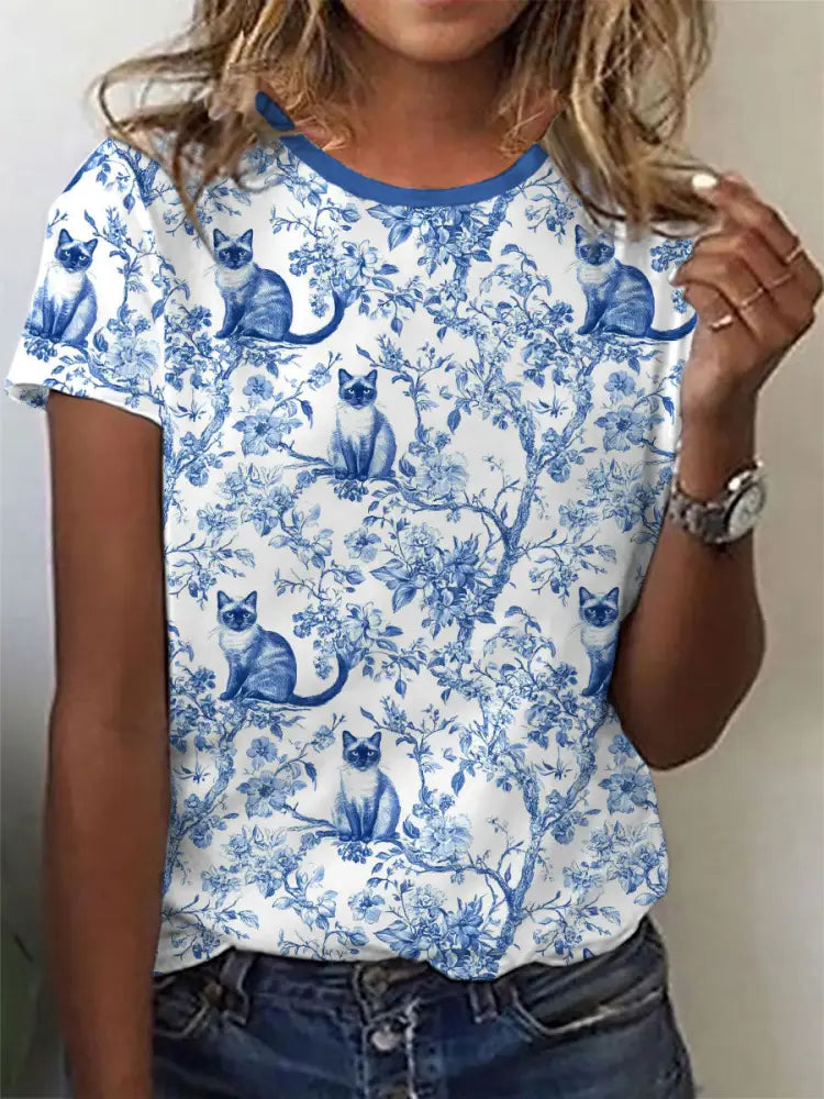 Women’s Siamese Cat Print Casual T-Shirt Blue / S