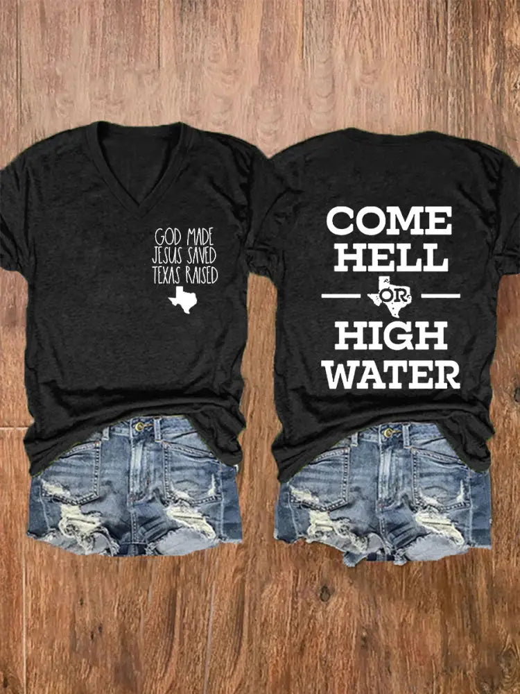 Women’s Texas Strong God Made Jesus Saved Texas Raised Come Hell Or High Water Short-sleeved T-shirt Black / S