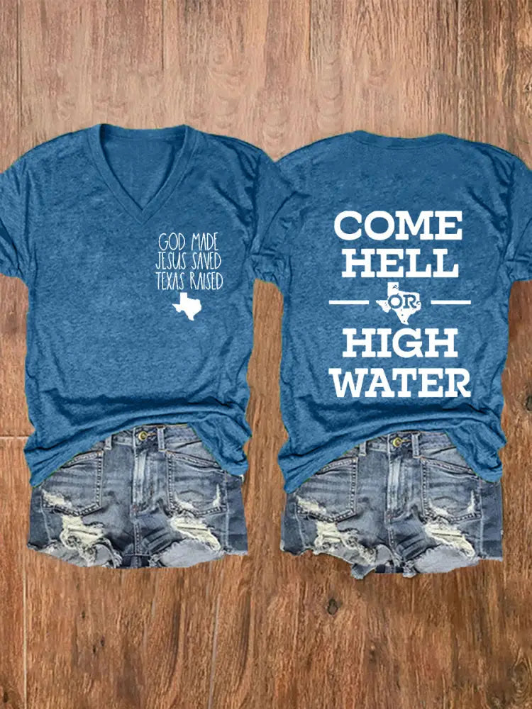 Women’s Texas Strong God Made Jesus Saved Texas Raised Come Hell Or High Water Short-sleeved T-shirt Blue / S