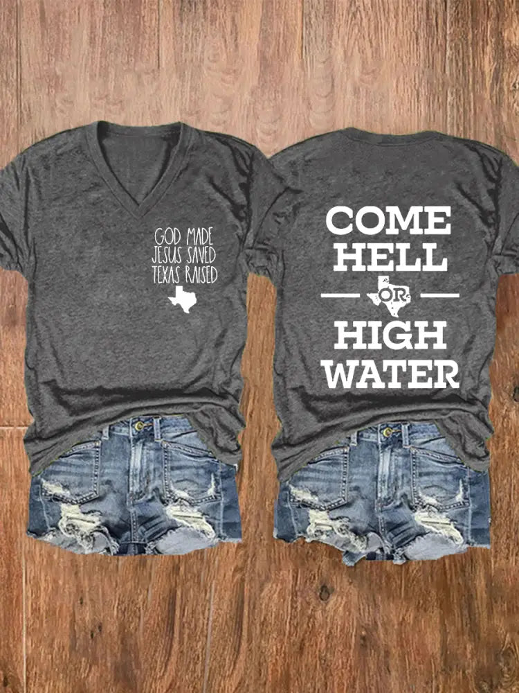 Women’s Texas Strong God Made Jesus Saved Texas Raised Come Hell Or High Water Short-sleeved T-shirt Dark Gray / S