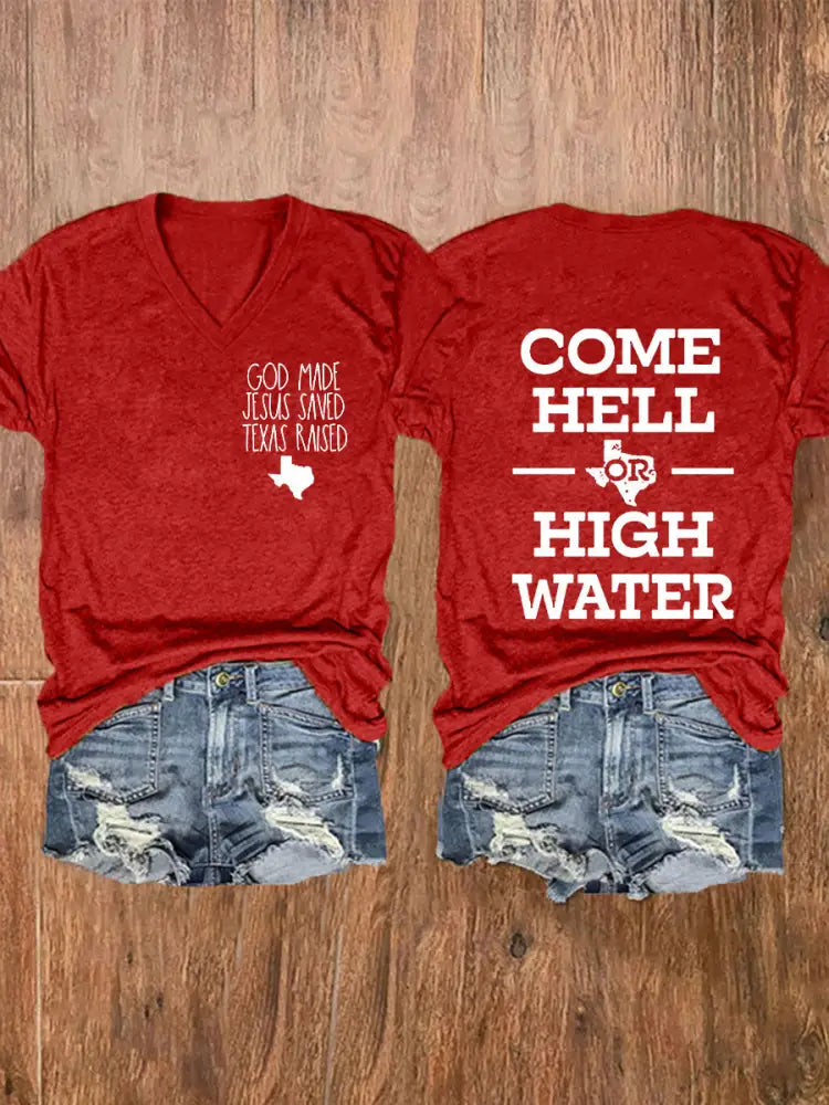 Women’s Texas Strong God Made Jesus Saved Texas Raised Come Hell Or High Water Short-sleeved T-shirt Deep Red / S