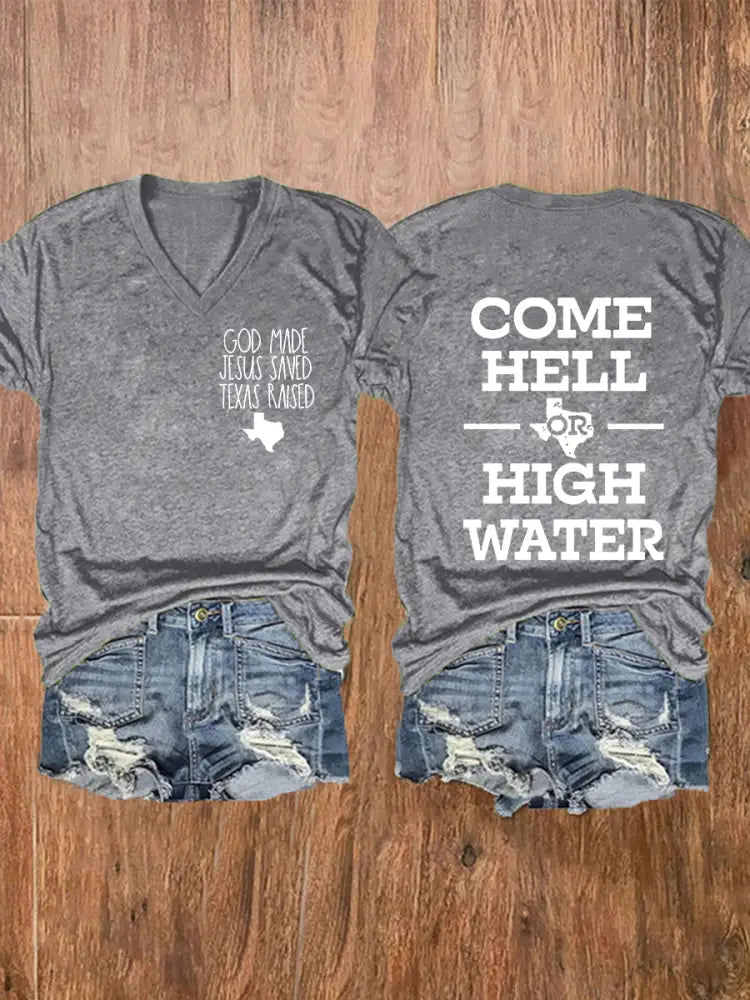 Women’s Texas Strong God Made Jesus Saved Texas Raised Come Hell Or High Water Short-sleeved T-shirt Light Gray / S