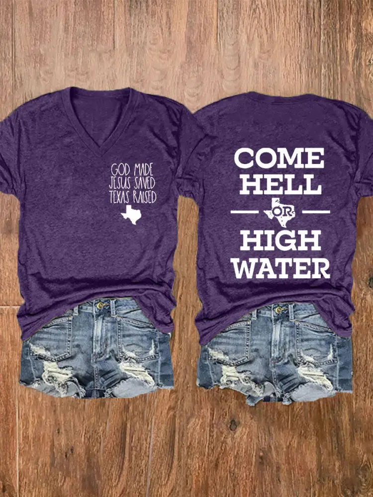 Women’s Texas Strong God Made Jesus Saved Texas Raised Come Hell Or High Water Short-sleeved T-shirt Purple / S