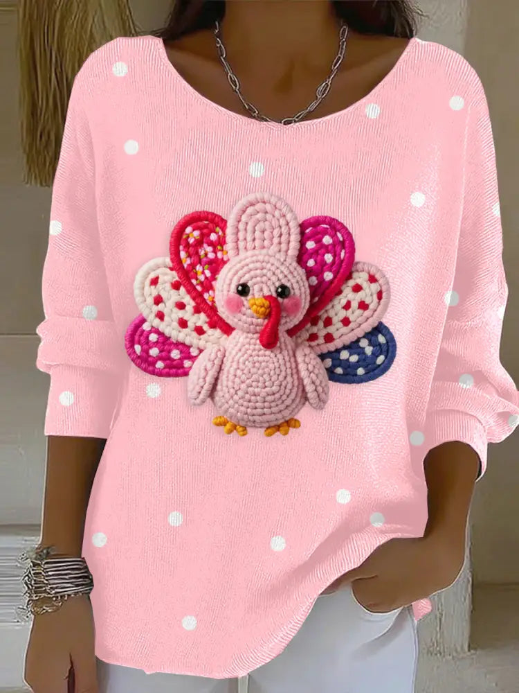 Women’s Thanksgiving Printed round neck ribbed top Pink / S