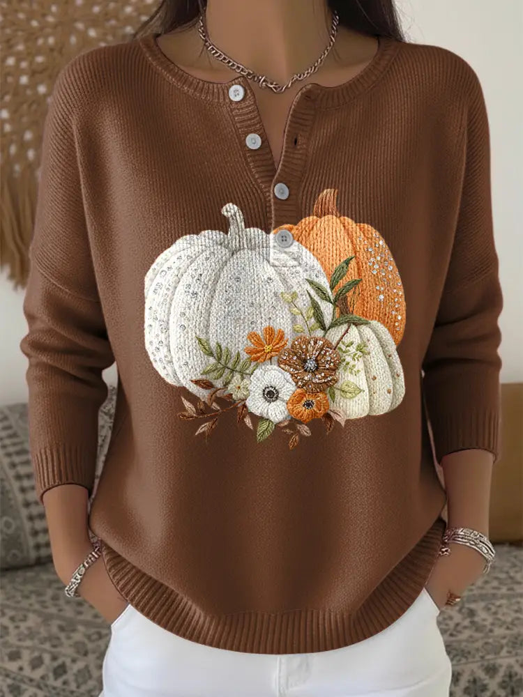 Women’s Thanksgiving Pumpkin Floral Art V-Neck Sweater Brown / S