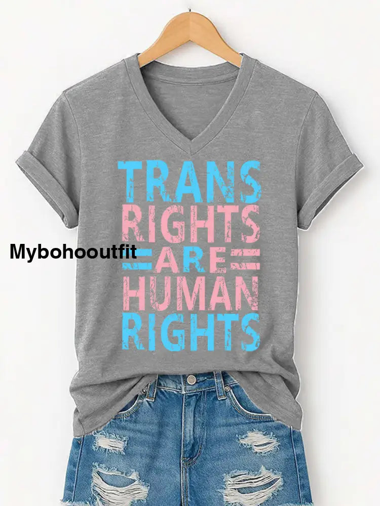 Women’s Trans Right Are Human Rights LGBTQ Pride Month V-Neck Tee Light Gray / S
