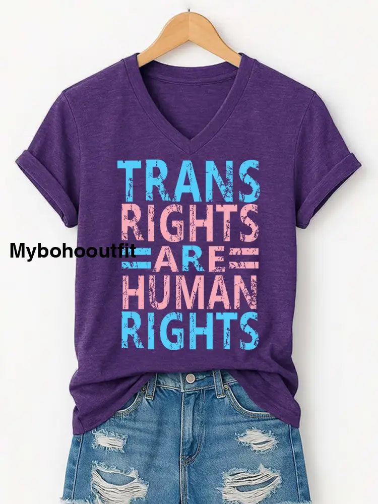Women’s Trans Right Are Human Rights LGBTQ Pride Month V-Neck Tee Purple / S
