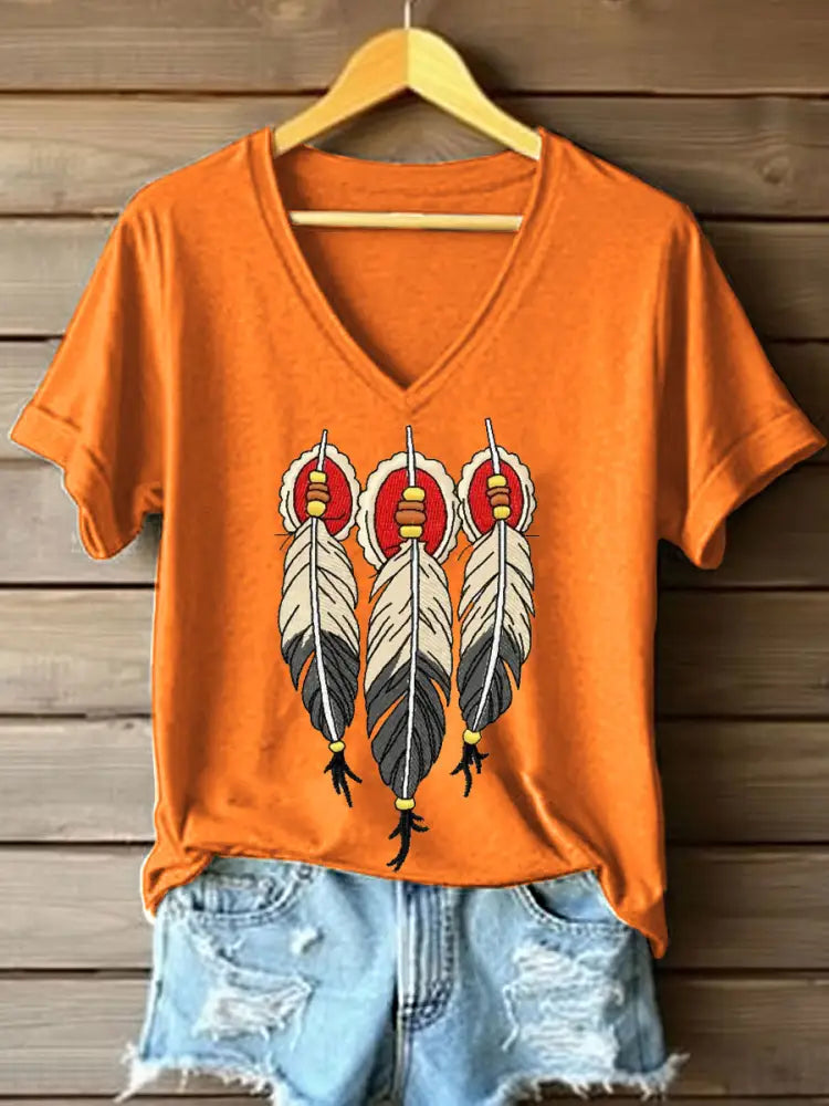 Women’s Tribal Feather Embroidered V-Neck T-Shirt Orange / S