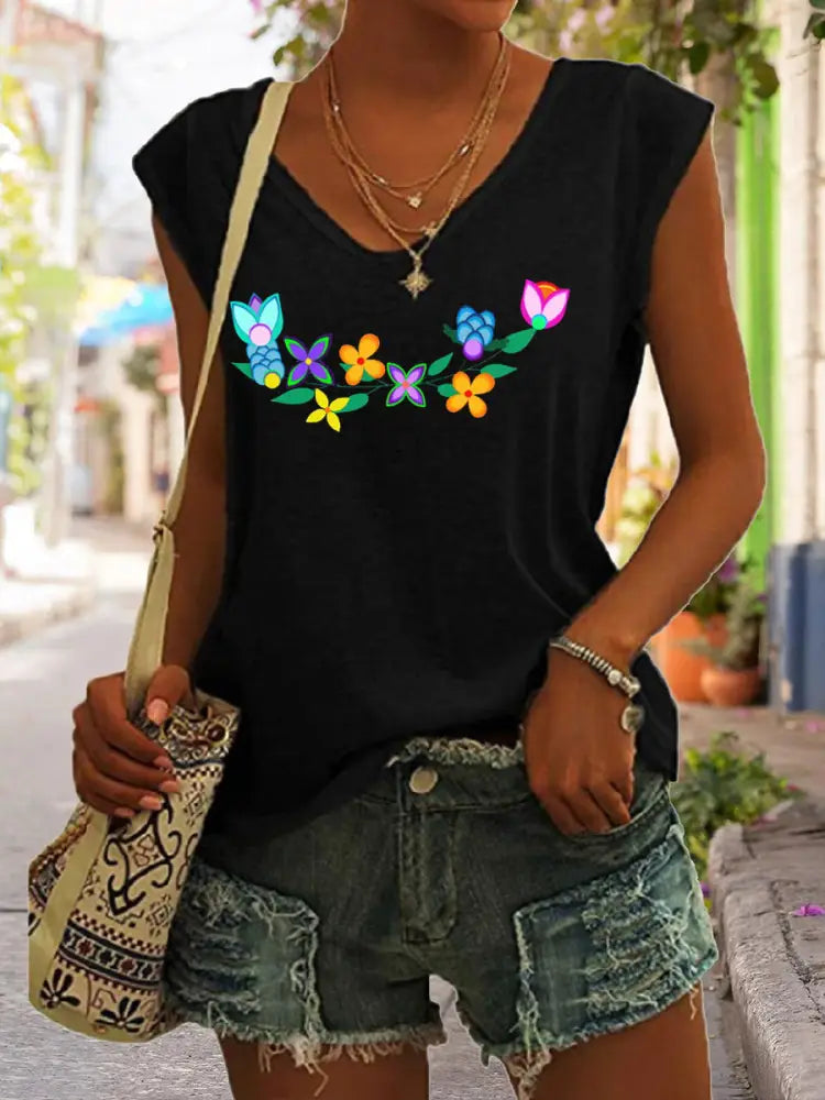 Women’s Tribal Floral Art Print Tank Top Black / S