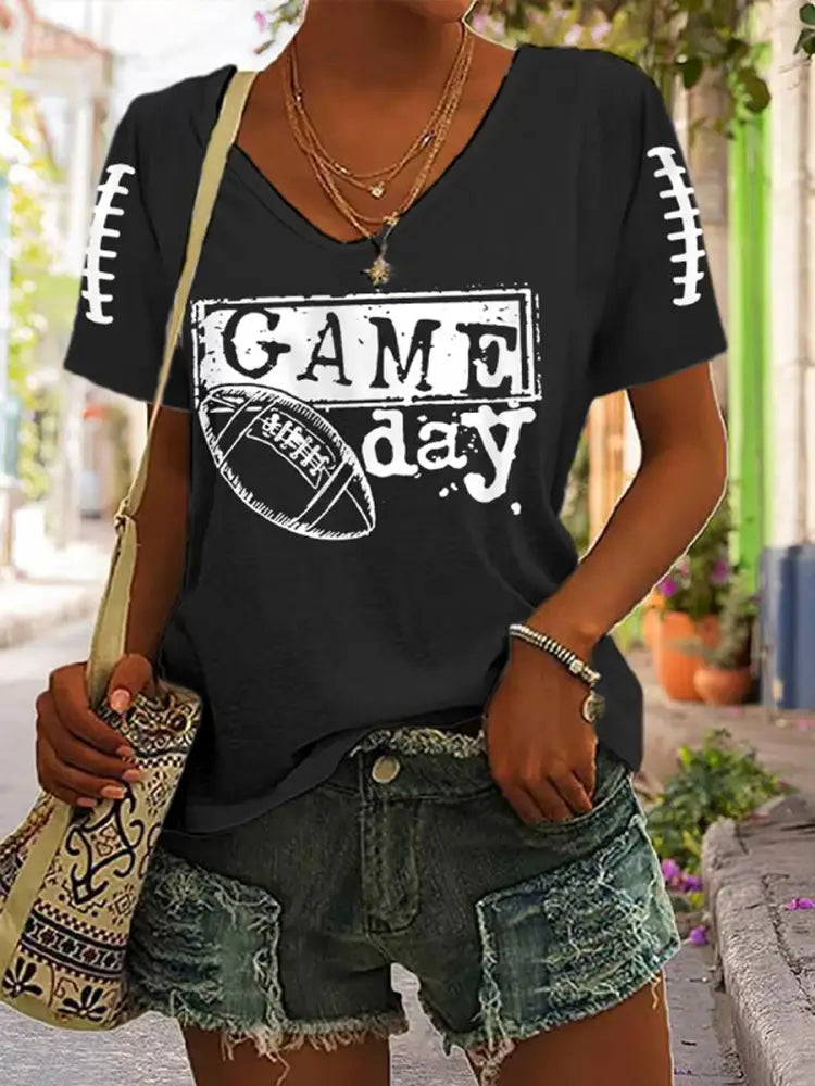 Women’s V neck Football Fans Lovers Gameday Casual T shirt with piping Black / S
