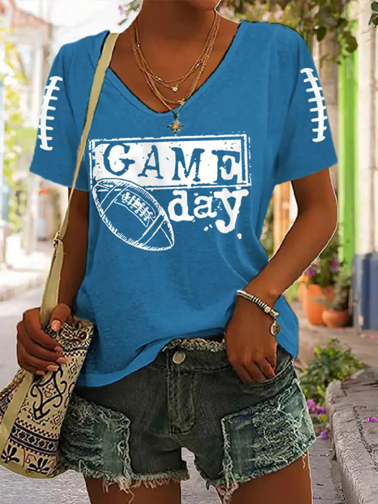 Women’s V neck Football Fans Lovers Gameday Casual T shirt with piping Blue / S