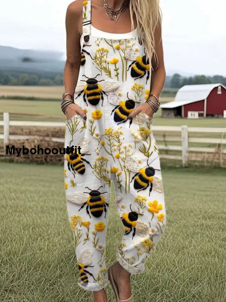 Women’s Vintage Animal Art Print Casual Overalls Wide Leg Pants A / S