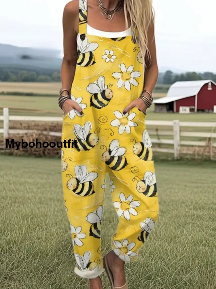 Women’s Vintage Animal Art Print Casual Overalls Wide Leg Pants A / S