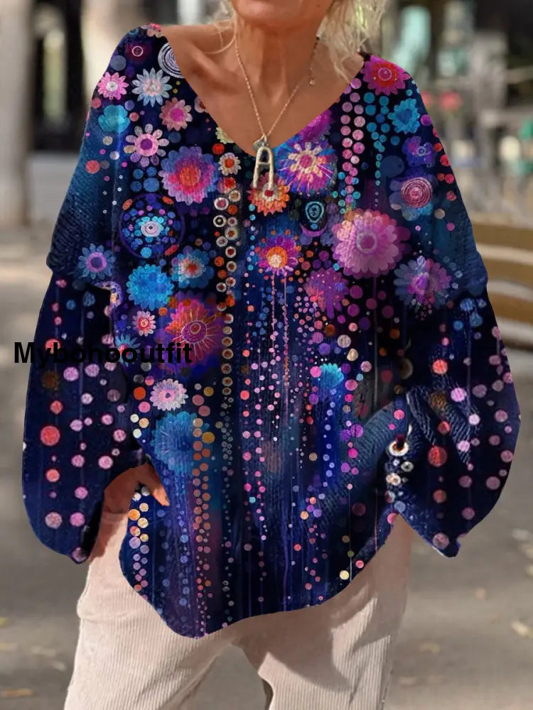 Women’s Vintage Art Print Chic V Neck Casual Sweater Pullover A / S