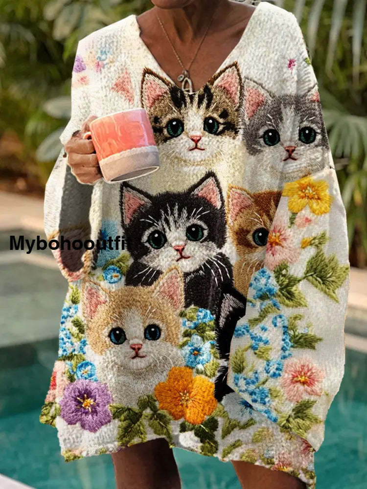 Women’s Vintage Art Print Chic V Neck Casual Sweater Pullover A / S