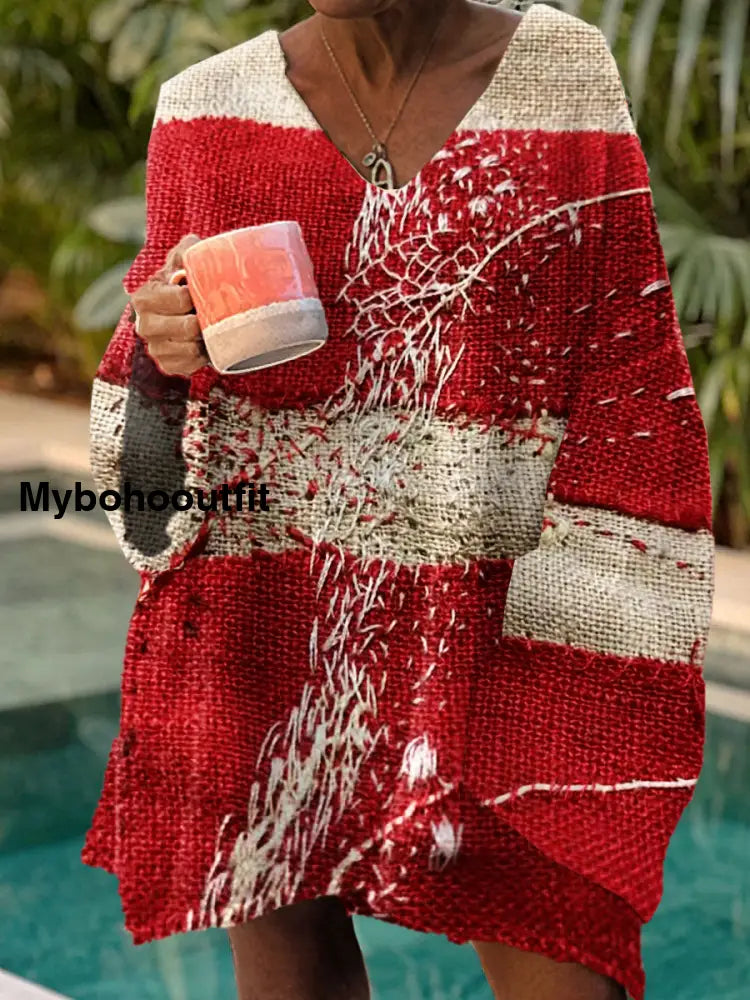 Women’s Vintage Art Print Chic V Neck Casual Sweater Pullover A / S