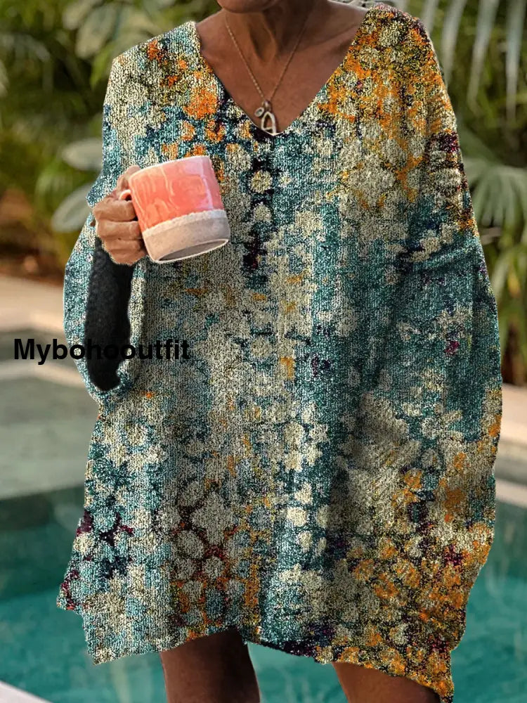Women’s Vintage Art Print Chic V Neck Casual Sweater Pullover A / S