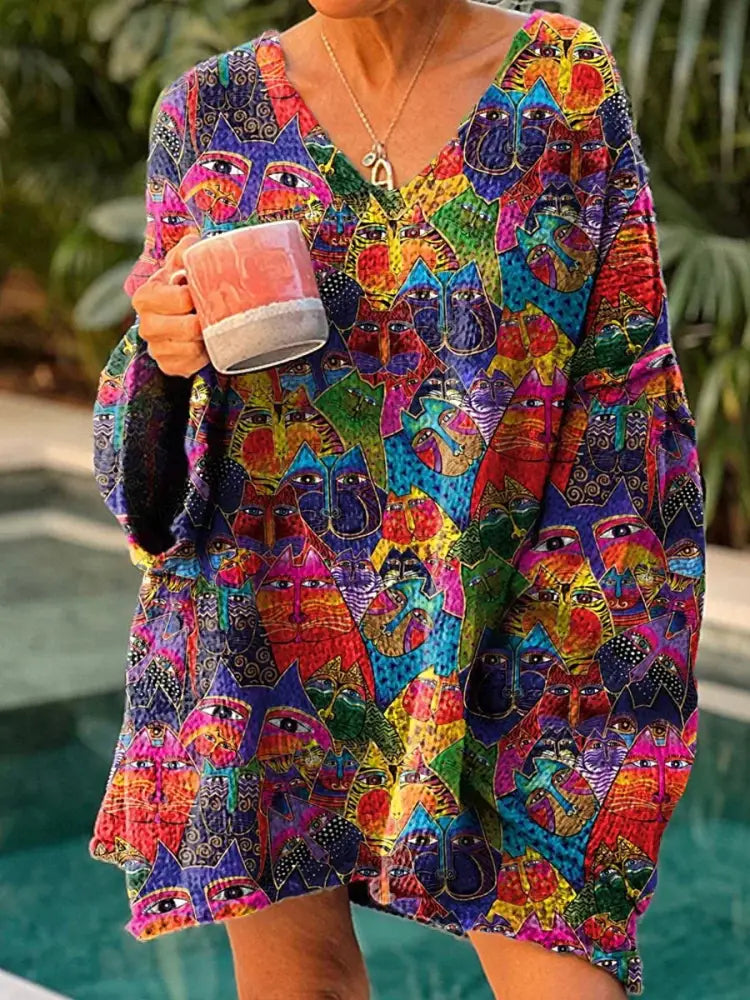 Women’s Vintage Art Print Chic V Neck Casual Sweater Pullover A / S